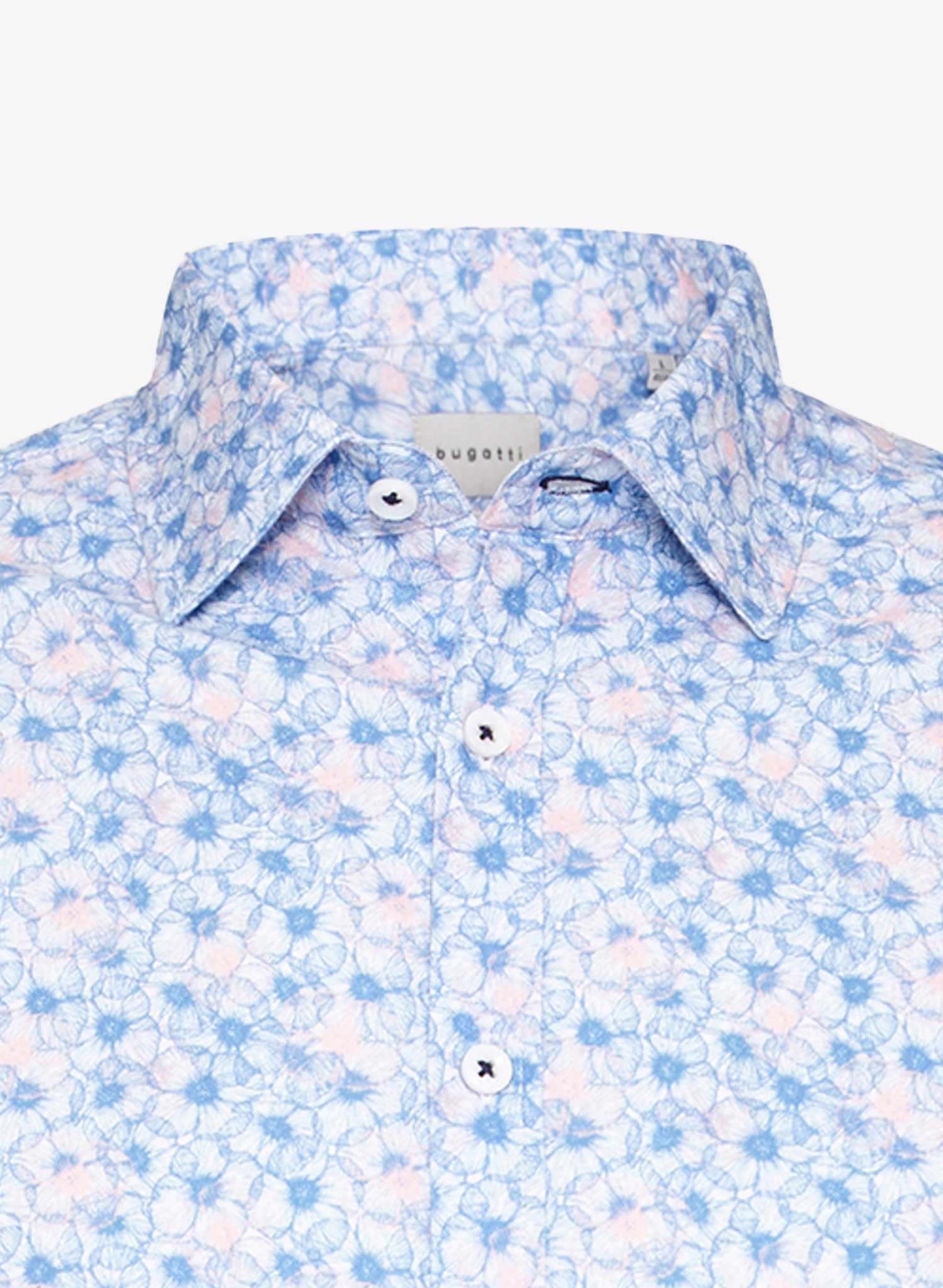 Bugatti Blue Flower Shirt Cotton Natural Stretch Long Sleeve