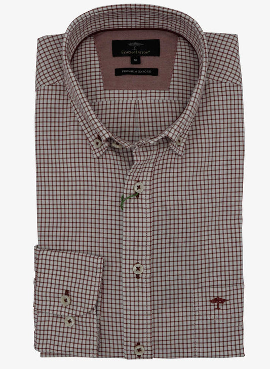 Fynch-Hatton Premium Oxford Check Wine Long Sleeve Shirt